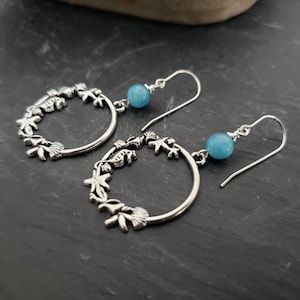 Sale Seahorse Seashell Starfish Blue Jade Antique Silver Earrings, Beach Ocean Themed Jewelry, Rustic, Sterling Earwires, Unique Gift Ideas