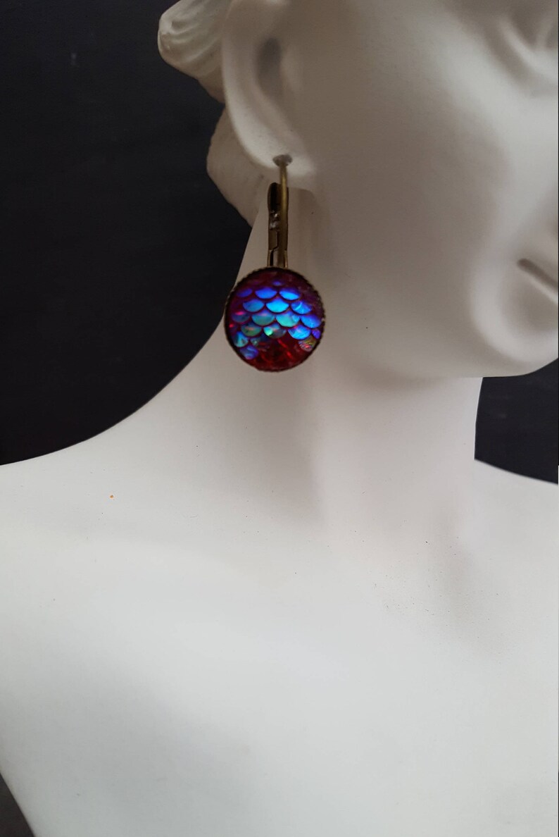 Hot Pink Purple Fish Scale Earrings Ocean Theme Nautical Little Mermaid ** Fish Scale Cabochon Bronze Leverback Earrings