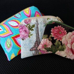 Spring Floral Lined Zipper Pouch, Blue Pink Green, Eiffel Tower, Christmas Holiday, Cotton Fabric Coin Purse, Travel Wallet, Set Of 3, RTS