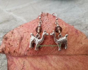 Silver Llama Earrings, Alpaca, 3D Llama Earrings, Smokey Glass Crystals, Sterling Silver Earwire, Nature Inspired Jewelry, Unique Gift **