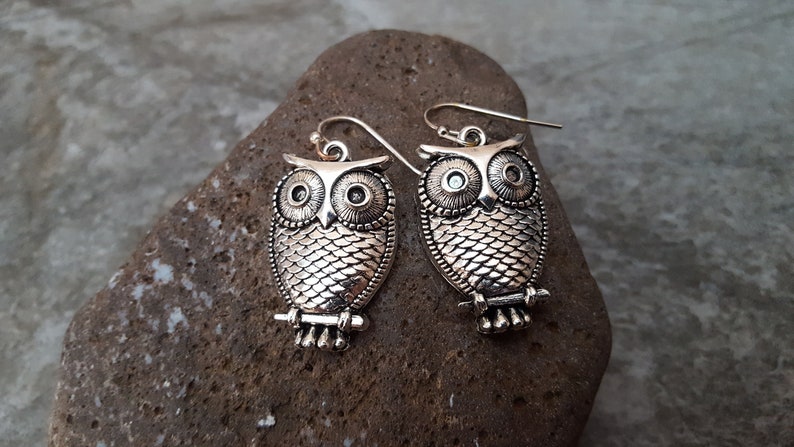 Sale Silver Owl Earrings, Tibetan Silver, Antiqued Silver Owl Charm Earrings, Owl Jewelry, Gift for her, jingsbeadingworld, Nature Inspired image 2