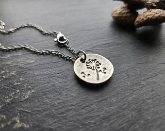Dandelion Disc Pendant Necklace, Rustic Antique Silver, Stainless Steel Chain, Nature Inspired Jewelry, jingsbeadingworld, Unique Gift Ideas
