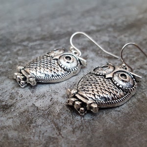 Sale Silver Owl Earrings, Tibetan Silver, Antiqued Silver Owl Charm Earrings, Owl Jewelry, Gift for her, jingsbeadingworld, Nature Inspired image 1