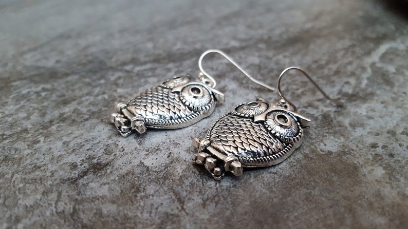 Sale Silver Owl Earrings, Tibetan Silver, Antiqued Silver Owl Charm Earrings, Owl Jewelry, Gift for her, jingsbeadingworld, Nature Inspired image 1
