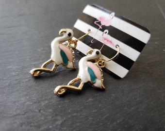 Sale Enamel Flamingo Gold Earrings, Clear Crystal Rhinestone, White Pink Green, 14k Gold Filled Earwire, Gift For Her, Nature Inspired