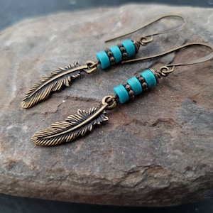 Sale Bronze Feather Stacked Blue Turquoise Gemstone Earrings, Antique Bronze, Tribal Bohemian, Unique Gift Ideas For Her, jingsbeadingworld