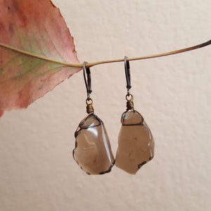 Freeform Smoky Quartz Earrings - Natural Smoky Quartz Crystal Flat Slab Nugget Antiqued Bronze Earrings, Handmade Artisan Gemstone Jewelry**