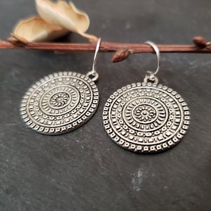 Sale Silver Mandala Earrings, Flower of Life, Boho Drop Earrings, Textured Disc Earrings, Sterling Silver Earwire, Unique Gift Ideas For Her