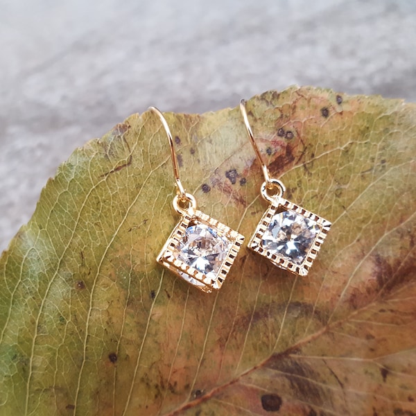 Sale Gold Rhombus Earrings, CZ Cubic Zirconia Geometric Earrings, Clear Crystal, Light Gold, Gold Filled Earrings, Bridal Jewelry, For Her