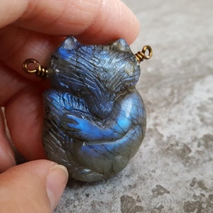 Fox Necklace - Hand Carved Natural Labradorite Fox Pendant on Antique Bronze Chain - Gemstone Fox Jewelry, Unisex