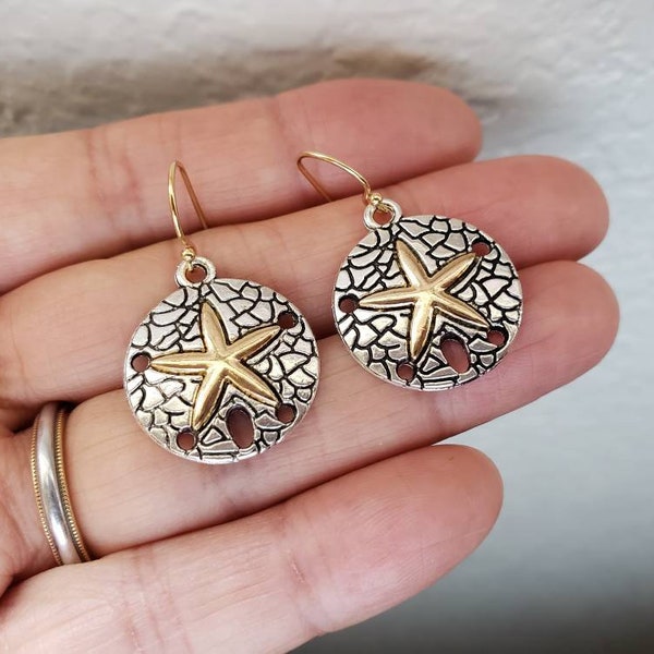 Sale Sand Dollar Silver Gold Earrings, Two Tone, Mixed Metal, Gold Filled, Sand Dollar Jewelry, Beach Jewelry, Unique Gift Ideas For Her
