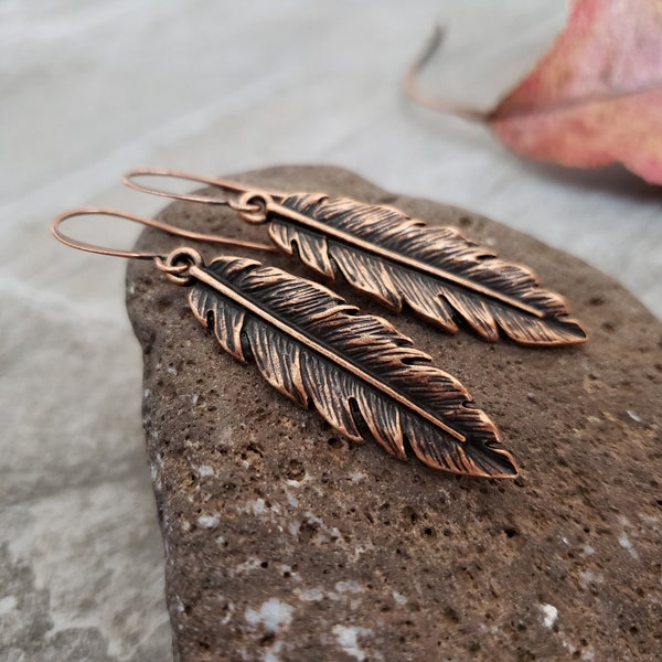 Sale Large Feather Earrings, Vintage Antiqued Copper, Feather Jewelry, Tribal, Highlydetailed, Unique Gift Ideas, jingsbeadingworld, Nature