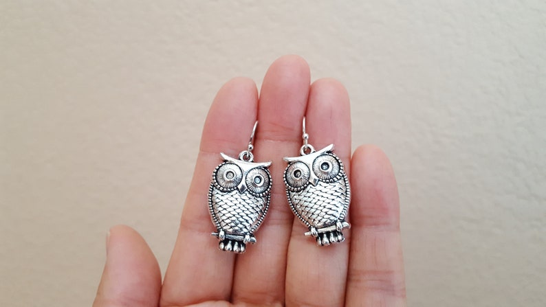Sale Silver Owl Earrings, Tibetan Silver, Antiqued Silver Owl Charm Earrings, Owl Jewelry, Gift for her, jingsbeadingworld, Nature Inspired image 5