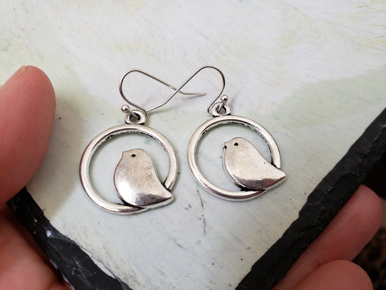 Silver Bird Earrings Bird Jewelry Bird On A Swing jingsbeadingworld inspired by nature Antiqued Silver Bird Earrings