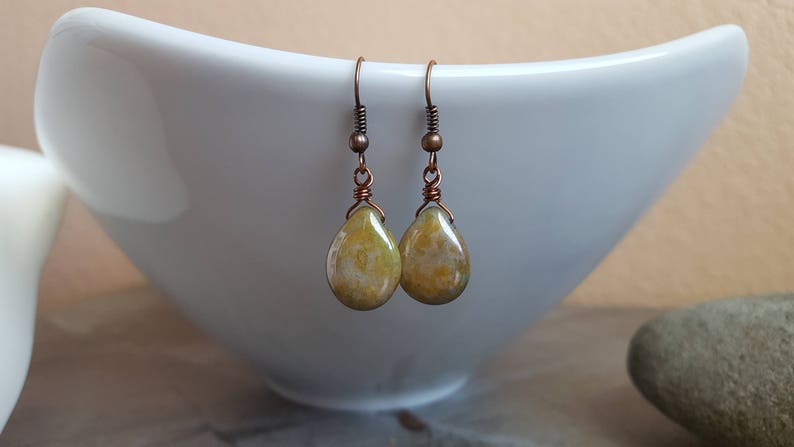 Rustic Green Teardrop Earrings, Wire Wrapped, Picasso Czech Glass, Opaque Green,Vintage Antique Copper, Earthtone, Unique Gift Ideas for her image 1