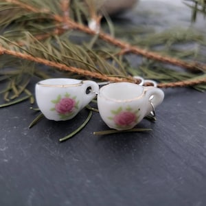Sale Porcelain Tea Cup Earrings, Silver or Gold Tea Cup Earrings, Tea Cup Jewelry, Gift for her, jingsbeadingworld, Nature Inspired Jewelry