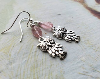 New Wise Owl Pink Cherry Quartz Gemstone Silver Earrings, Big Eye Owl, Rustic Antique Silver, Unique Owl Gift For Her, jingsbeadingworld