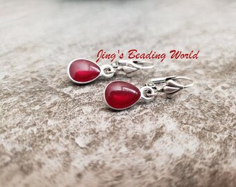 Sale Red Teardrop Silver Earrings, Bezel Drop Earrings, Waterdrop, Dark Red, Oxidized Sterling Silver, Leverback Earrings, Red Jewelry
