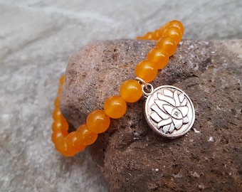 Orange Jade Lotus Flower Om Bracelet, Beaded Gemstone Jewelry, Yoga Jewelry, Unique Gift Idea, Gift for her, jingsbeadingworld, 7.25 Inches