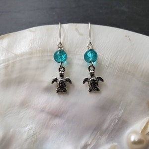 Sale Silver Sea Turtle Blue Crystal Sterling Silver Earrings, 3D Itty Bitty Turtle Earrings, Turtle Jewelry, Beach Ocean Theme, Gift For Her