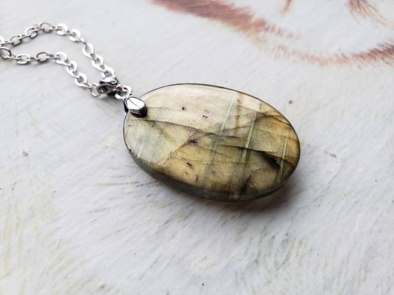 Labradorite Oval Pendant Silver Necklace, Flashy Brown Green Natural Gemstone, Nature Inspired, Unique Unisex Jewelry, jingsbeadingworld