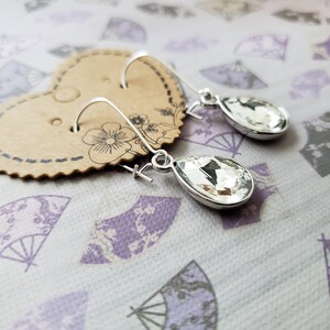 Clear Rhinestone Crystal Teardrop Silver Earrings, April Birthstone Jewelry, Bezel Drop Earrings, Unique Gift Ideas For Her, Nature Inspired