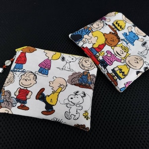 Sale Set Of 2 Handmade Peanuts Gang BFF Zipper Pouch, Lined Fabric Coin Purse, White Multicolor, Unique Gift Ideas, Thanksgiving Holiday