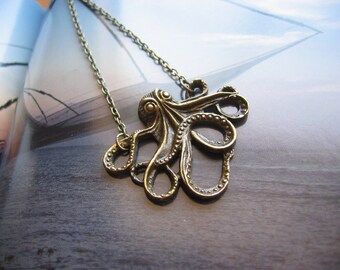 Sale Antique Bronze Octopus Pendant Necklace, Octopus Jewelry, Unisex Gift, Beach Ocean Themed, Octopus Fabric Pouch, jingsbeadingworld