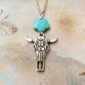 Sale Cattle Skull Blue Turquoise Flower Antique Silver Necklace, Southwestern, Tribal Bohemian, Statement Jewelry, Unique Gift Ideas For Her