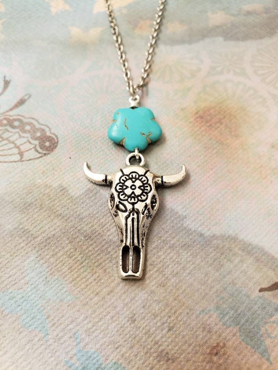 Sale Cattle Skull Blue Turquoise Flower Antique Silver Necklace