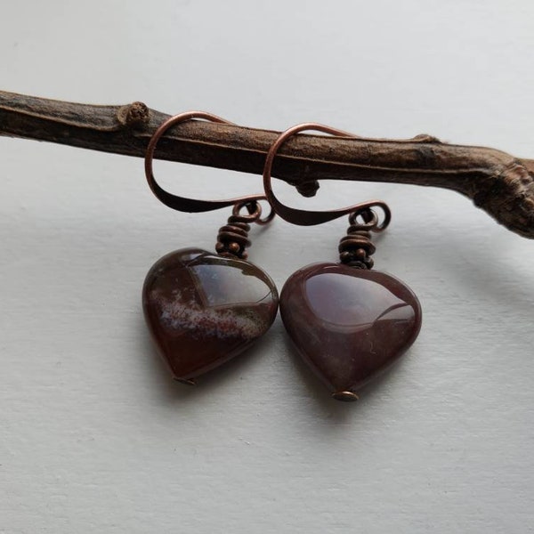 Dark Red Green Jasper Heart Earrings, Antique Copper Earrings, Natural Gemstone Jewelry, Rustic Earthtone, Unuque Gift For Her, Valentine's