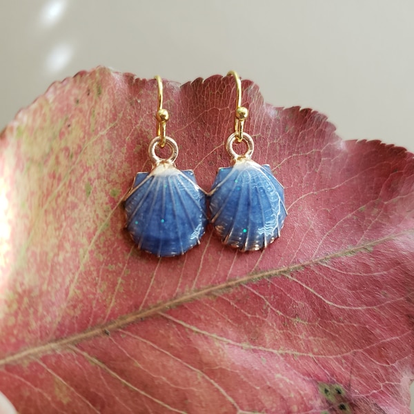 Blue Glitter Enamel Sea Shell Gold Earrings, Shell Earrings, Ocean Theme, Gold Filled Earwires, Unique Gift Ideas, jingsbeadingworld **