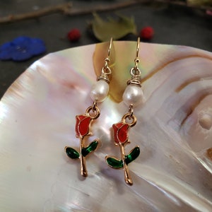Red And Green Rose Flower White Pearl Gold Filled Earrings, Enamel, Natural Pearl, 14K Gold Filled Earwire, Christmas Jewelry, Unique Gift