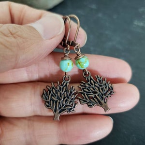 Sale Tree of Life Blue Green Turquoise Gemstone Earrings, Antique Copper, Unique Tree Jewelry, Rustic Earthtone, Vintage Inspired Jewelry
