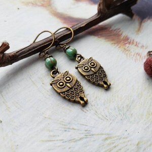 Sale Bronze Owl Turquoise Picasso Glass Earrings, Wise Owl, Antique Bronze, Rustic Earthtone, Nature Inspired, Unique Gift Ideas For Her