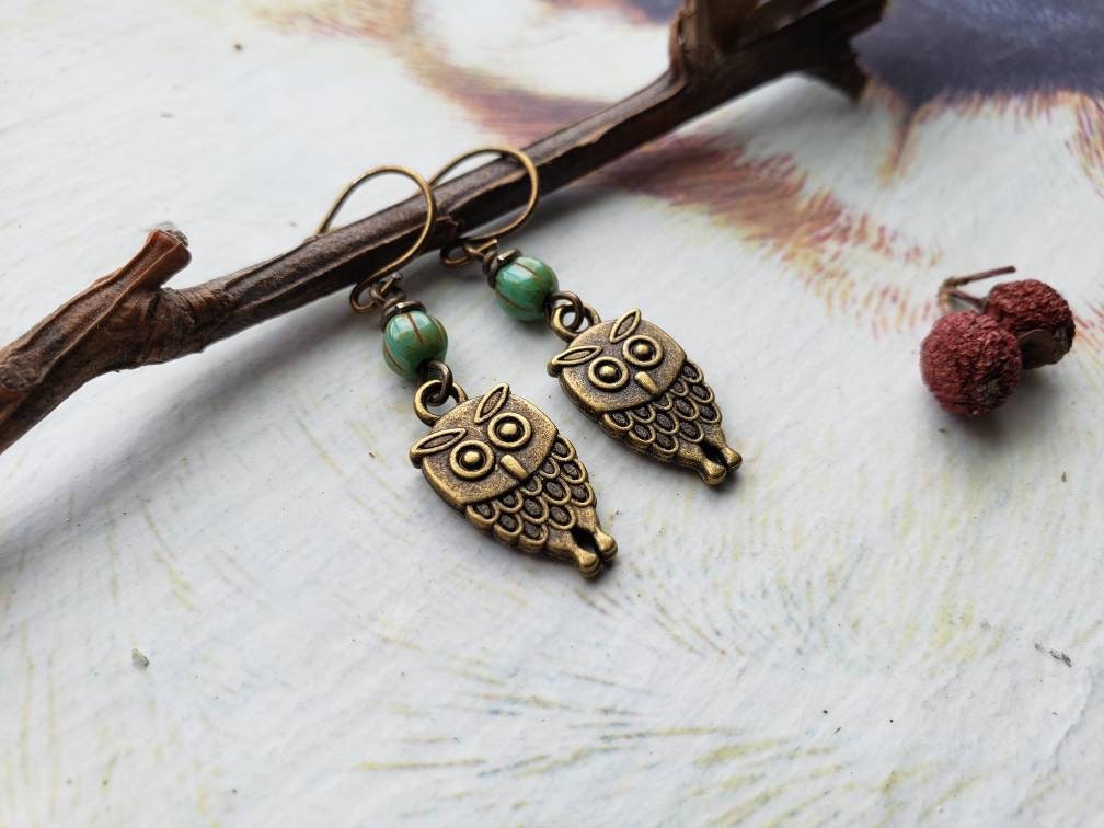 Sale Bronze Owl Turquoise Picasso Glass Earrings, Wise Owl, Antique Bronze, Rustic Earthtone, Nature