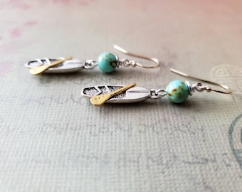 Kayak Earrings Green Turquoise Silver Gold Two Tone Earrings, 14k Gold Filled, Outdoors Adventure, jingsbeadingworld, Signature Design