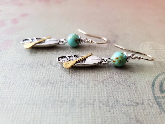 Kayak Earrings Green Turquoise Silver Gold Two Tone Earrings, 14k Gold Filled, Outdoors Adventure, jingsbeadingworld, Signature Design