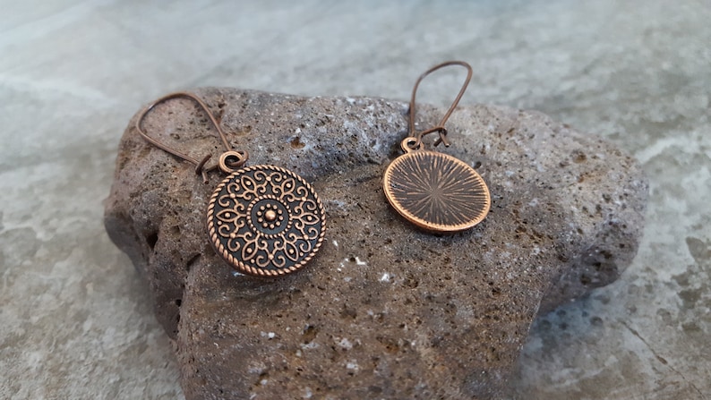 Copper Flower Disc Earrings Bohemian Jewelry,Unique Gift for her** Flower of Life Earrings Antique Copper Nature Textured Drop Earrings