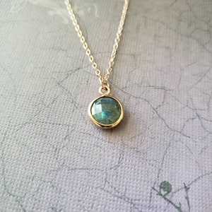 Framed Labradorite Gemstone Coin Necklace, 14K Rose Pink Gold Filled Chain, Natural Stone Jewelry, Nature Inspired, Unique Gift Ideas