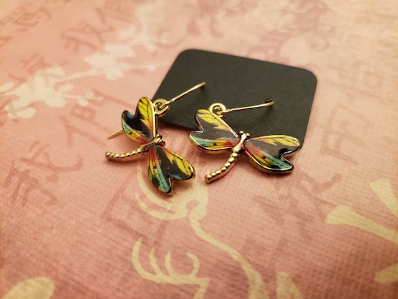 14k Yellow Gold Multi-Color Enameled Dragonfly Post Earrings 7x11 mm 14k Yellow Gold Multi-Color Enameled Dragonfly Post Earrings 7x11 mm