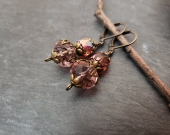 Rose Pink Light Amethyst Crystal Bronze Earrings, Pink Jewelry, Antique Bronze, Vintage Inspired, Victorian Earrings, Unique Gift Ideas **