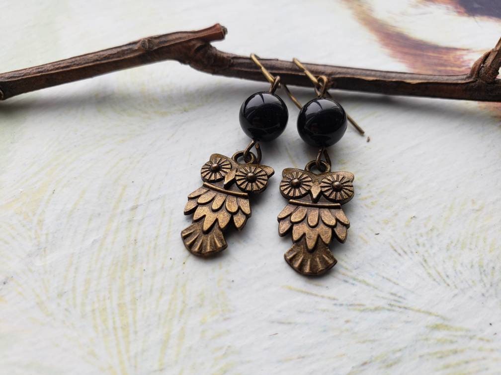 Sale Bronze Owl Black Agate Natural Gemstone Earrings, Rustic Earthtone, Wise Owl Jewelry, Nature In