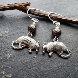Silver Armadillo Textured Bronze Bead Earrings, Antique Silver, Doublesided, Nature Inspired Jewelry, jingsbeadingworld, Unique Gift For Her