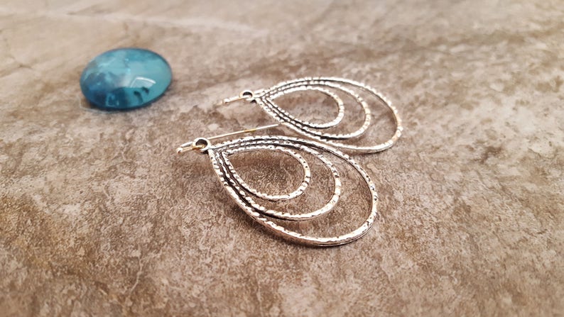 Sale Layered Silver Teardrop Earrings, Oval Hoop Earrings, Antiqued Silver Drop Earrings, Rustic Lightweight Everyday, Gift For Her image 1