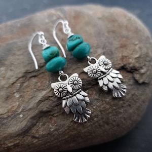 Sale Silver Owl Blue Turquoise Sterling Silver Earrings, Antiqued Silver, Natural Gemstone, Wise Owl, Unique Gift For Her, Nature Inspired