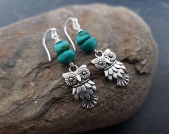 Sale Silver Owl Blue Turquoise Sterling Silver Earrings, Antiqued Silver, Natural Gemstone, Wise Owl, Unique Gift For Her, Nature Inspired