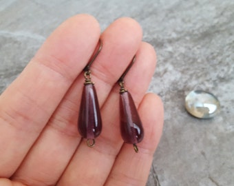 Amethyst Purple Pink Teardrop Earrings, Antiqued Bronze Czech Glass Earrings, Dark  Purple Earrings, Leverback Earrings, Gift for her **