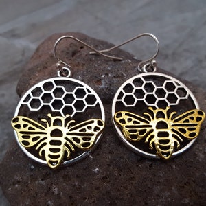 Sale Bee and Honeycomb Earrings, Queen Bee, Silver and Gold Two Tone Earrings, Disc Earrings, Sterling Silver, Gift for her, Nature Jewelry