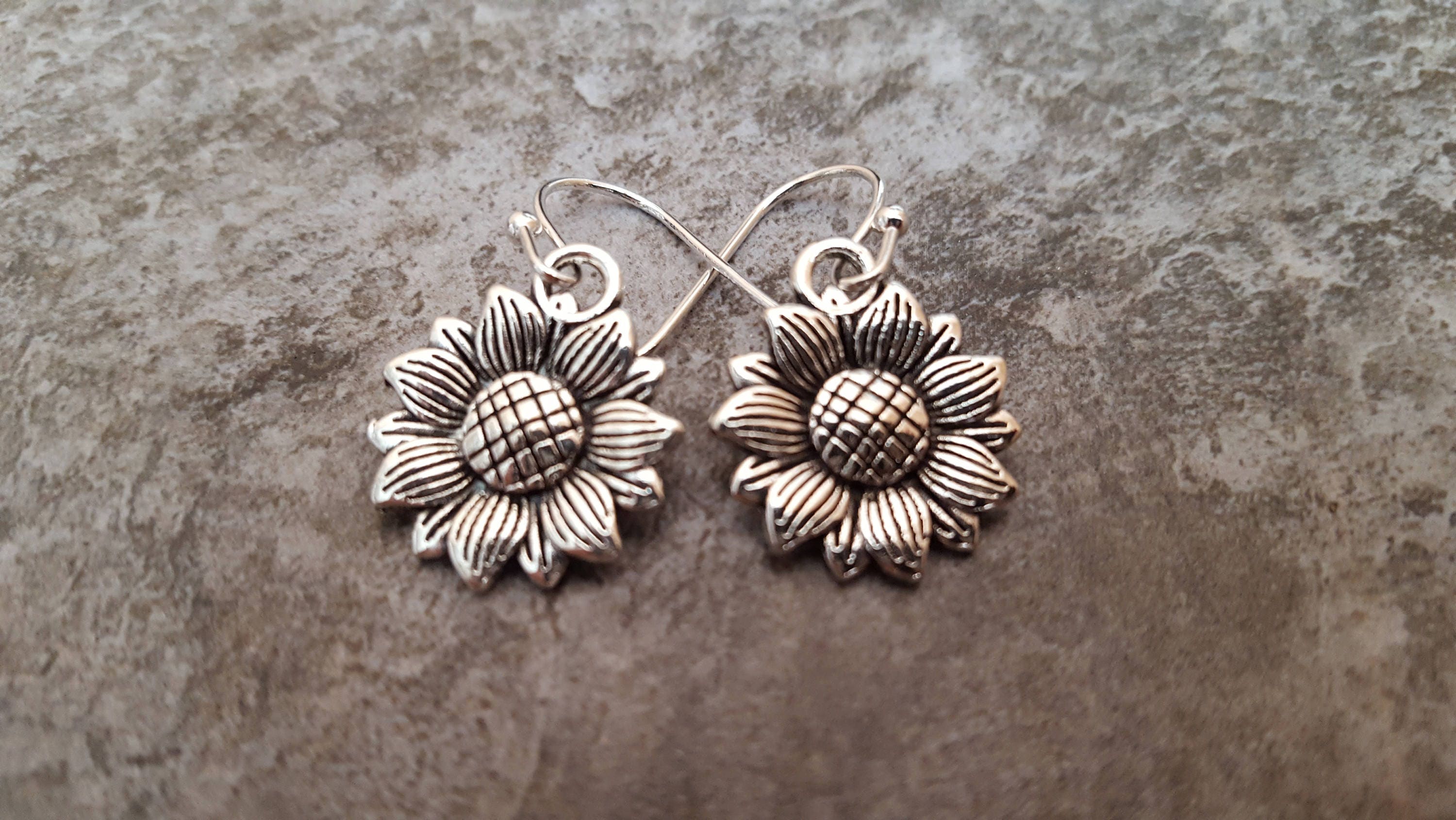 Silver Sunflower Earrings Flower Earrings Antique Silver Etsy